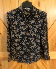 Beach Lunch  Womens Top S Button-Up Shirt Long Sleeve Cheetah Blouse