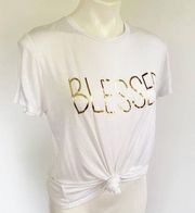 PRETTY REBEL | Metallic Gold "Blessed" Short Sleeve T-Shirt Soft White Sz L