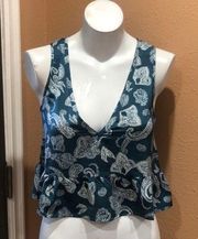 Honey punch blue patterned v neck ruffled blouse