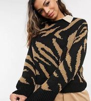 Tan and Black Animal Print Striped Crewneck Sweater