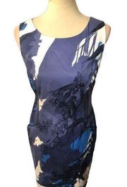 T Tahari blue and white watercolor art to wear sheath career dress fully lined