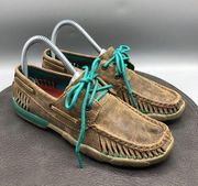 Twisted X Shoes Womens 6 Boat Leather Driving Moccasins Brown Teal Comfort