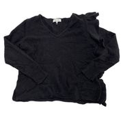 John + Jenn Sweater Womens Small Black Ruffle Shoulder Long Sleeve V-Neck Cozy