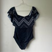 Beach Navy Blue White Chevron Off the Shoulder One Piece Bathing Suit 4