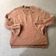 Few Moda Womens Sweater Size XS Agnora Pink Ribbed V-Neck Ruffle Sleeve Designer