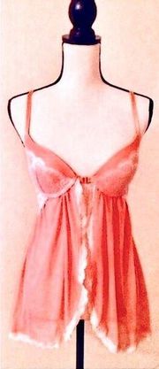 Pink Chiffon Babydoll Lingerie Dress: Cream Lace Chemise, Mesh Skirt, Sz. S