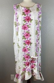 Two Palms Womens Hawaiian Dress XXL Floral Sleeveless Ruffle Made in Hawaii USA