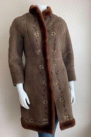 Vintage Shearling Coat with Floral Embroidery and Shearling Trim sz Small PW12