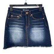 NoBo Juniors SZ 5 A-Line Mini Jean Skirt Mid-Rise Frayed Hem Stretch Dark Wash