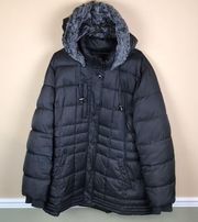 Nautica Women’s Black Puffer Faux Fur Hood Zipper Button-Up Fall Winter Jacket