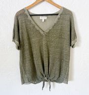 Anthropologie Green Tie Front Linen Tee