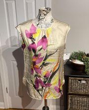 NWOT Vintage Floral Print Slip Cap Sleeve Beige MultiColor Satin shiny fabric Casual Work office summer