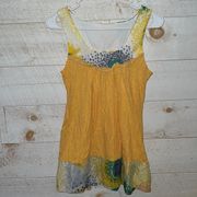 GINGER G Vintage Y2K Women’s Yellow Floral Mixed Media Tunic Length Swing Tank