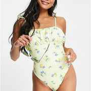 ASOS Tie Strap Floral One Piece Bathing Suit Swimsuit Lemon Yellow 8