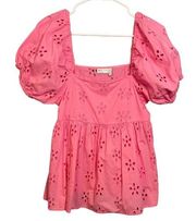 ASOS Women’s Pink Daisy Broderie Smock Puff Short Sleeve Top Size 6