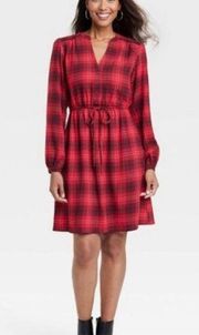 Knox Rose Red Buffalo Plaid Long Sleeve A Line Tie Waist Dress Size M NWT