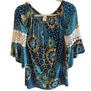 Win-Win Colorful 3/4 Sleeve Bell Sleeve Crew Neck Blouse Size S-M