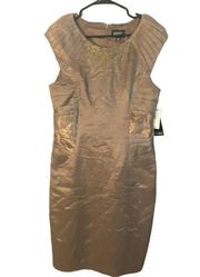 Adrianna Papell Metallic Gold Side Ruched Beaded Neck Formal Dress Women Sz 12