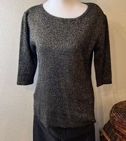 MNG by Mango Sparkly 3/4 sleeve gathers at shoulder black metallic gold sweater