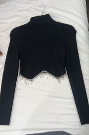 Rhinestone Fringe Turtle Neck Sweater Top 