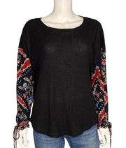 In Loom Black Thermal Top With  Printed Sleeves Size M