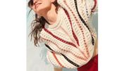 Sweater Gardy Striped Cropped Crochet Batwing Chunky Off White M GUC