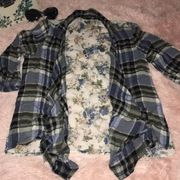 Women’s Floral and Plaid Open Draped Front Blouse Overshirt