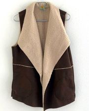 Sherpa-Lined Open Front Vest Faux Shearling Brown & Tan Sz Med