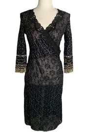 Vintage 90s Betsey Johnson Sheer Lace Midi Dress L Black Silver Metallic Wrap