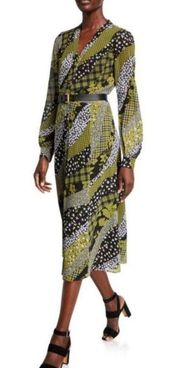 Michael  Floral Mixed Print Button Long Sleeve Dress Evergreen M