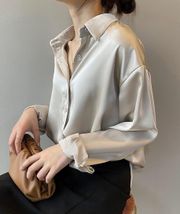 Gold Beige Satin Button Up Collared Shirt Shiny Minimalist Blouse Size Large