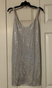 Silver White Sequin Slip Dress, Size Small