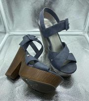 G By Guess Blue Faux Suede Wooden High Heels