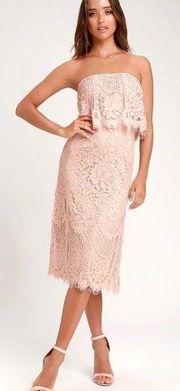 Lulus  Delia Blush Pink Lace Strapless Midi Dress Size XS