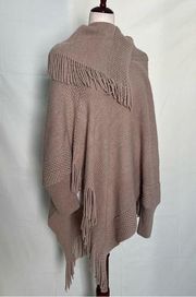 Do Everything in Love Fringe Knit Sweater Shawl with Long Sleeves Tan Beige OS