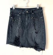 MISSGUIDED | Black Studded Asymmetric Hem High Waist Distressed Denim Skirt Sz 8