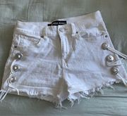 White High-Waisted Denim Shorts / Cowgirl Tassle Bolo Tie side Jean Shorts