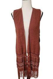 Knox Rose Womens Size L Boho Sleeveless Open Front Fringe Cardigan Rust Brown