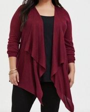 TORRID 00 Plus Size Cardigan Drape Front Sweater Burgundy Red Open Lightweight
