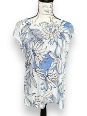 New H Halston 100% Linen Knit Button Back Cap Sleeve Top Blue Floral Print Small