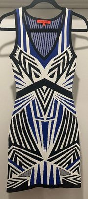 World of Women WOW Couture Black White Blue Geometric Print Bodycon Mini Dress