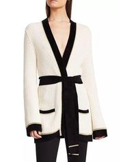 Derek Lam 10 Crosby Belted Ribbed Wool Blend Cardigan - /White Multi