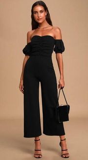 Lulus  Impress Release Black Off the Shoulder Puff Sleeve Jumpsuit Size Large NWT