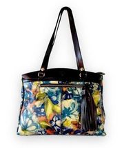 Patricia Nash Poppy Tote Blue Floral Leather Shoulder Bag Satchel Tassel Purse