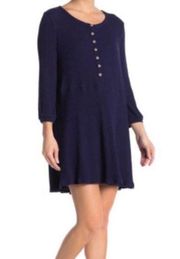 Blu Pepper Women's Navy Blue Ribbed Knit Long Sleeve Babydoll Dress sz L