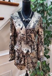 Bill Blass Women's Black & Beige Polyester V-Neck Long Sleeve Top Blouse Size XL