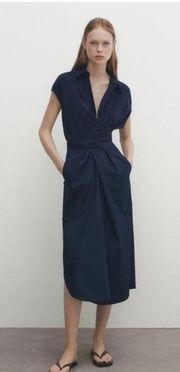 Navy Poplin Shirt Dress With Knot Detail