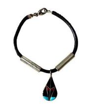 Sterling Onyx Turquoise Coral Native American Bracelet, Vintage Zuni Signed