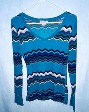 OP Long Sleeve V-Neck Teal Chevron Striped Waffle Shirt L