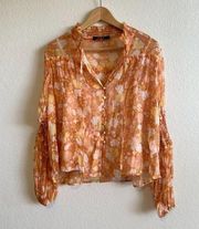 3/$15 - OPT Sheer Floral Orange Long Sleeve Chiffon Blouse Womens XS-S